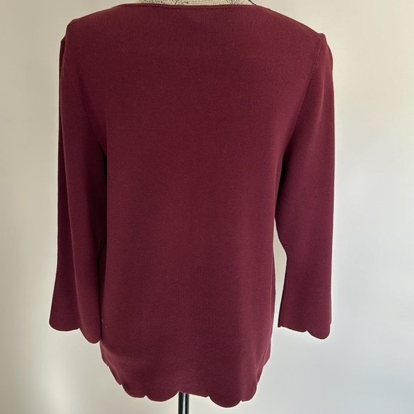Talbots Cotton Blend VNeck Scallop Edge Burgundy Pullover 3/4 Sleeve Sweater Lge - Picture 5 of 7